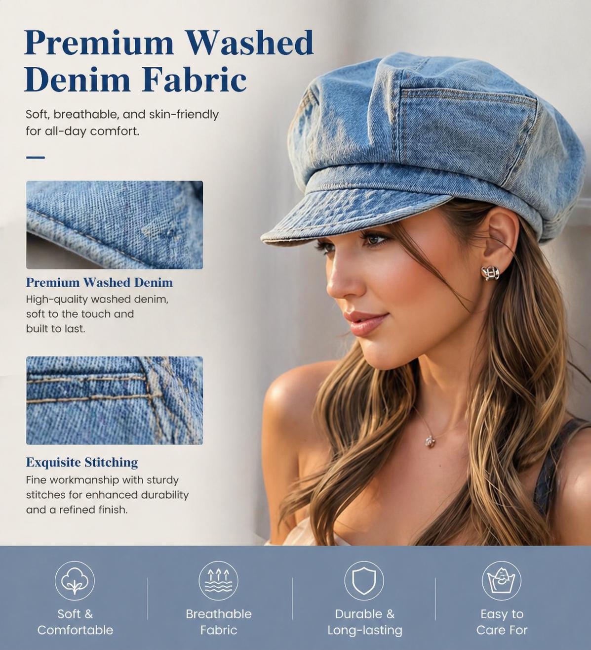 Women's Cotton Denim Octagonal Hat - Fashionable Versatile Solid Color Newsboy Painter Beret, Female Wear Accessories for Women, All-Season Gift Ideas