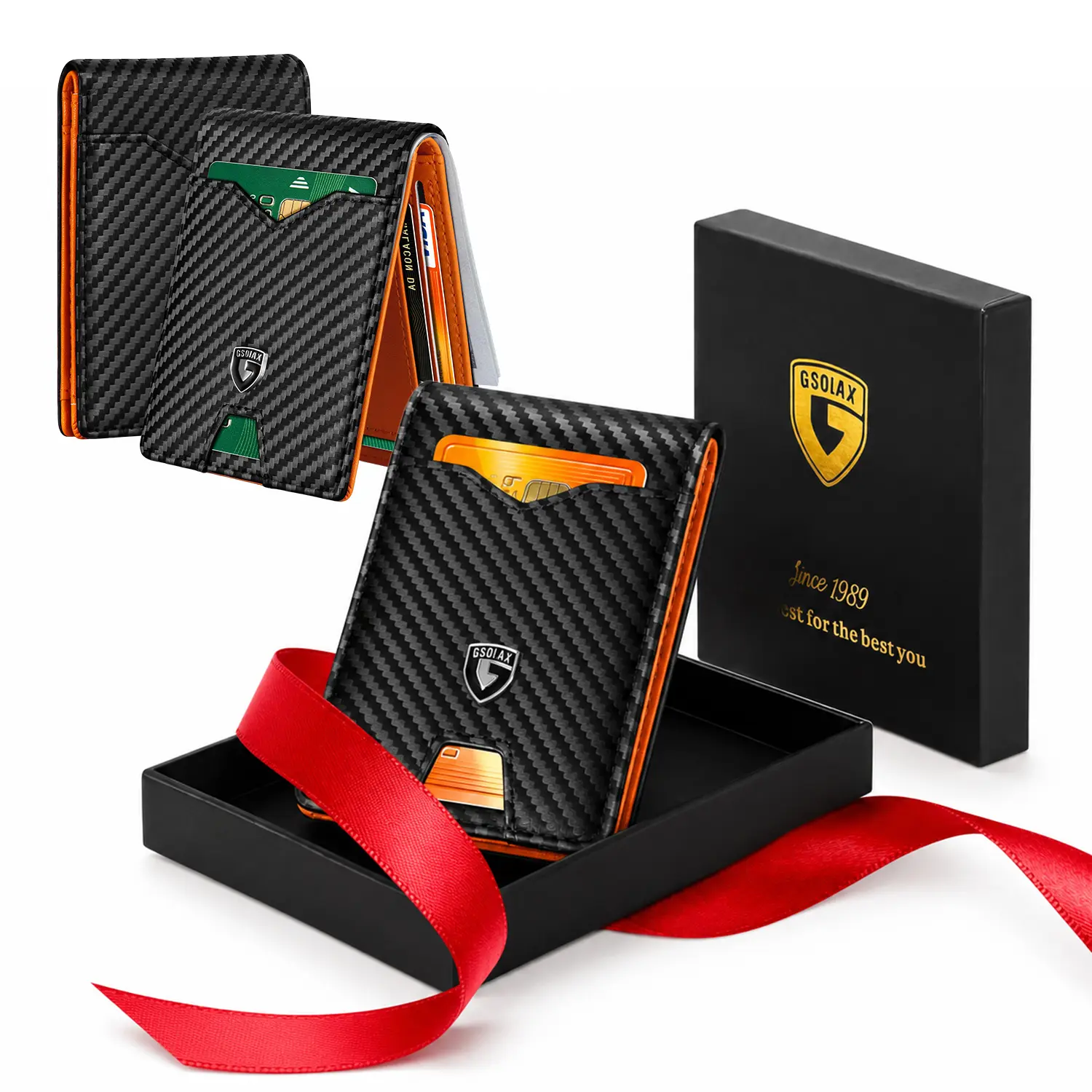 GSOIAX Slim RFID Blocking Bifold Leather Wallet, Carbon Fiber Black