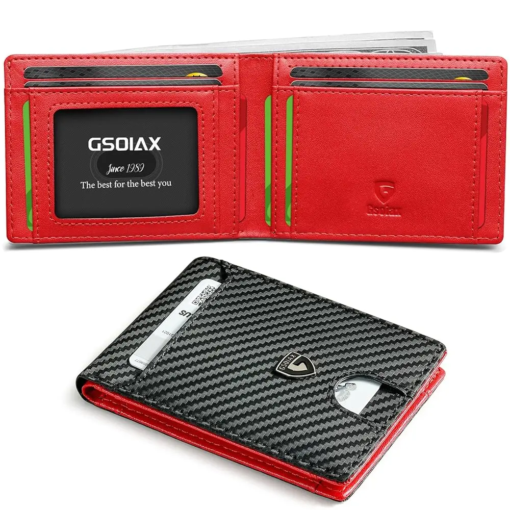 GSOIAX Slim RFID Blocking Bifold Leather Wallet, Carbon Fiber Black