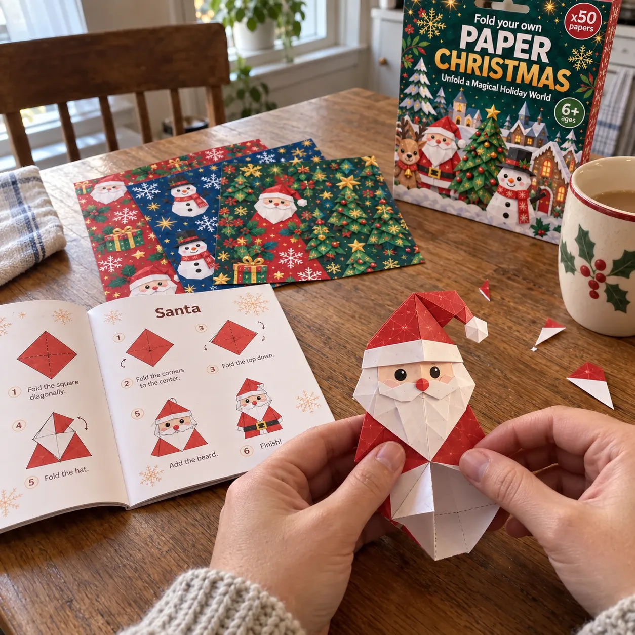 Customer folding a Santa paper character beside the guide
