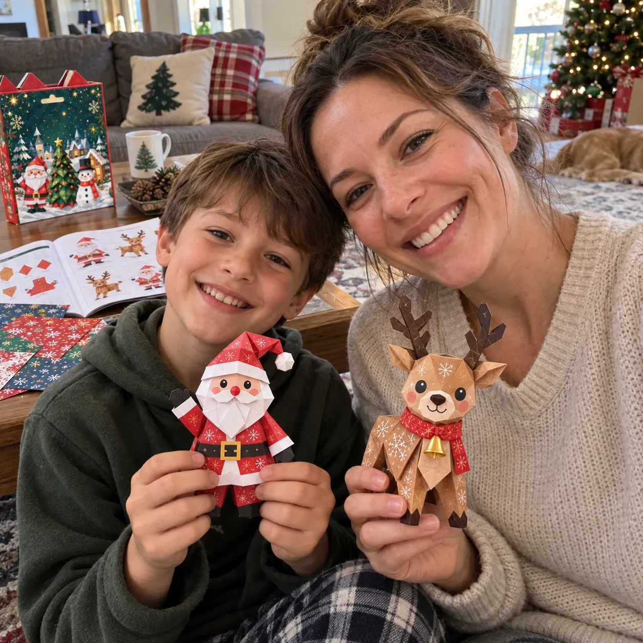 Two customers holding finished Santa and reindeer paper characters