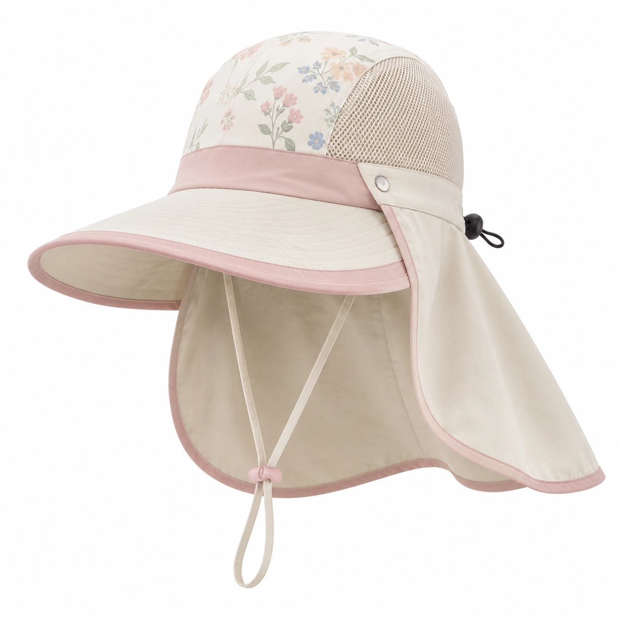 Chapeau de soleil à large bord motif floral beige et rose-zanverico