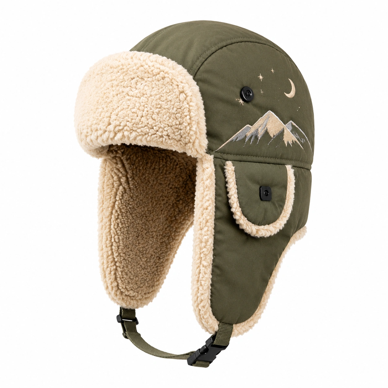 Chapeau Aviateur Hiver Montagnes et Lune Vert Olive-zanverico
