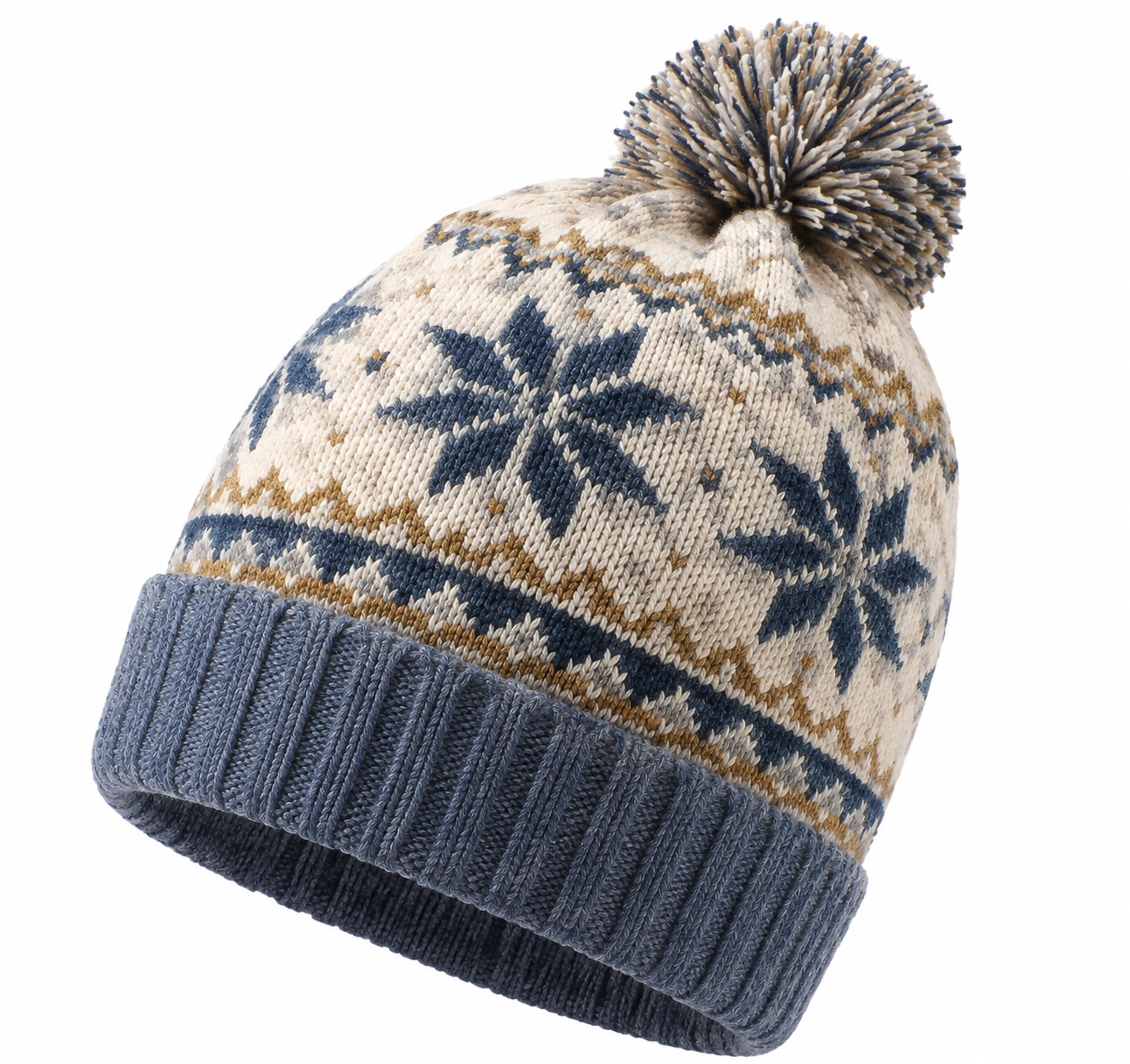 Bonnet d'hiver à pompon motif flocon bleu et beige-zanverico