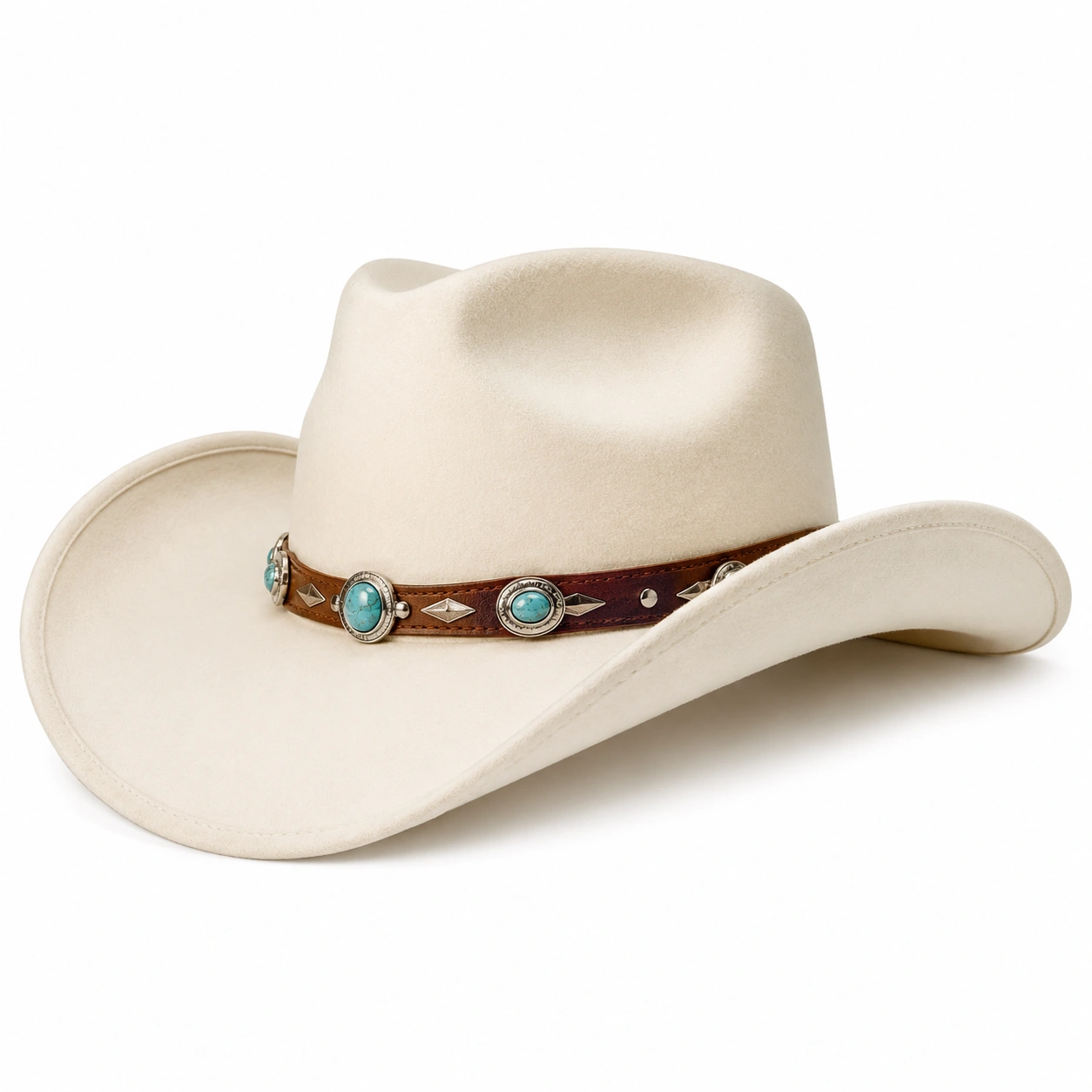 Chapeau Cowboy Crème avec Bande Turquoise-zanverico
