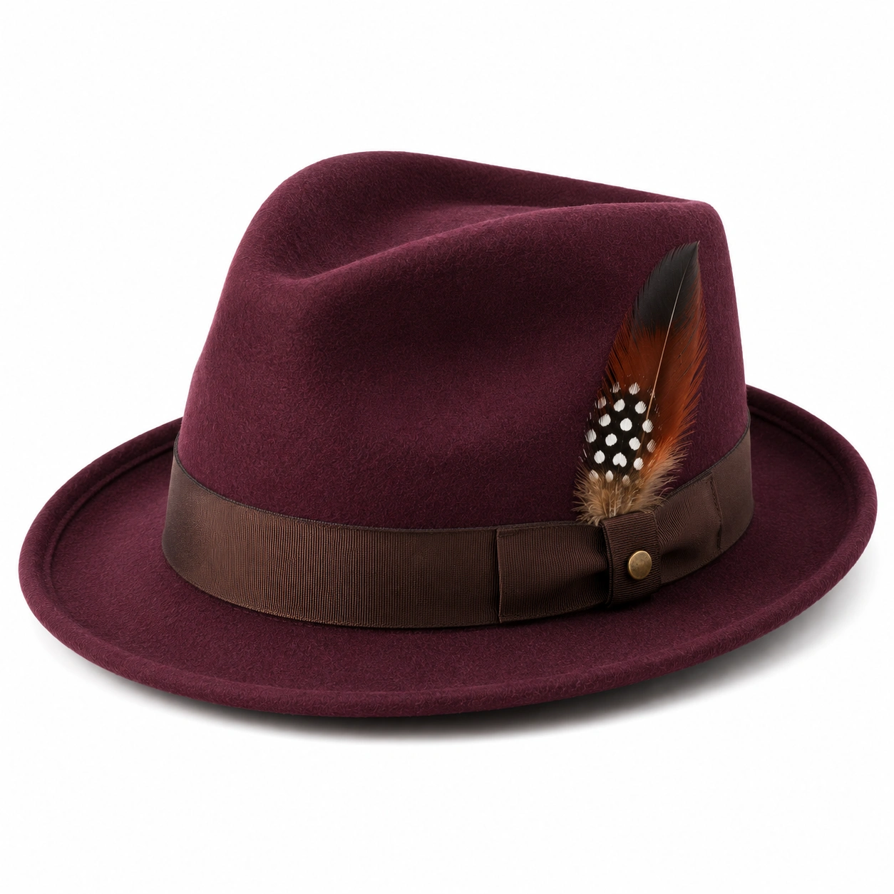 Chapeau Fedora Bordeaux avec Plume Élégante-zanverico