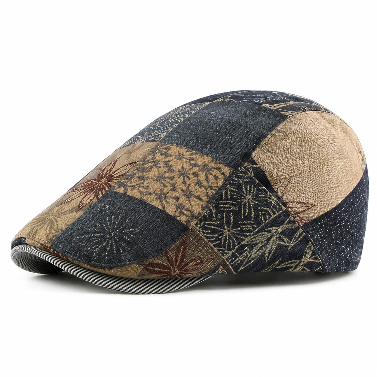 Casquette Plate Rétro Patchwork Bleu et Beige-zanverico
