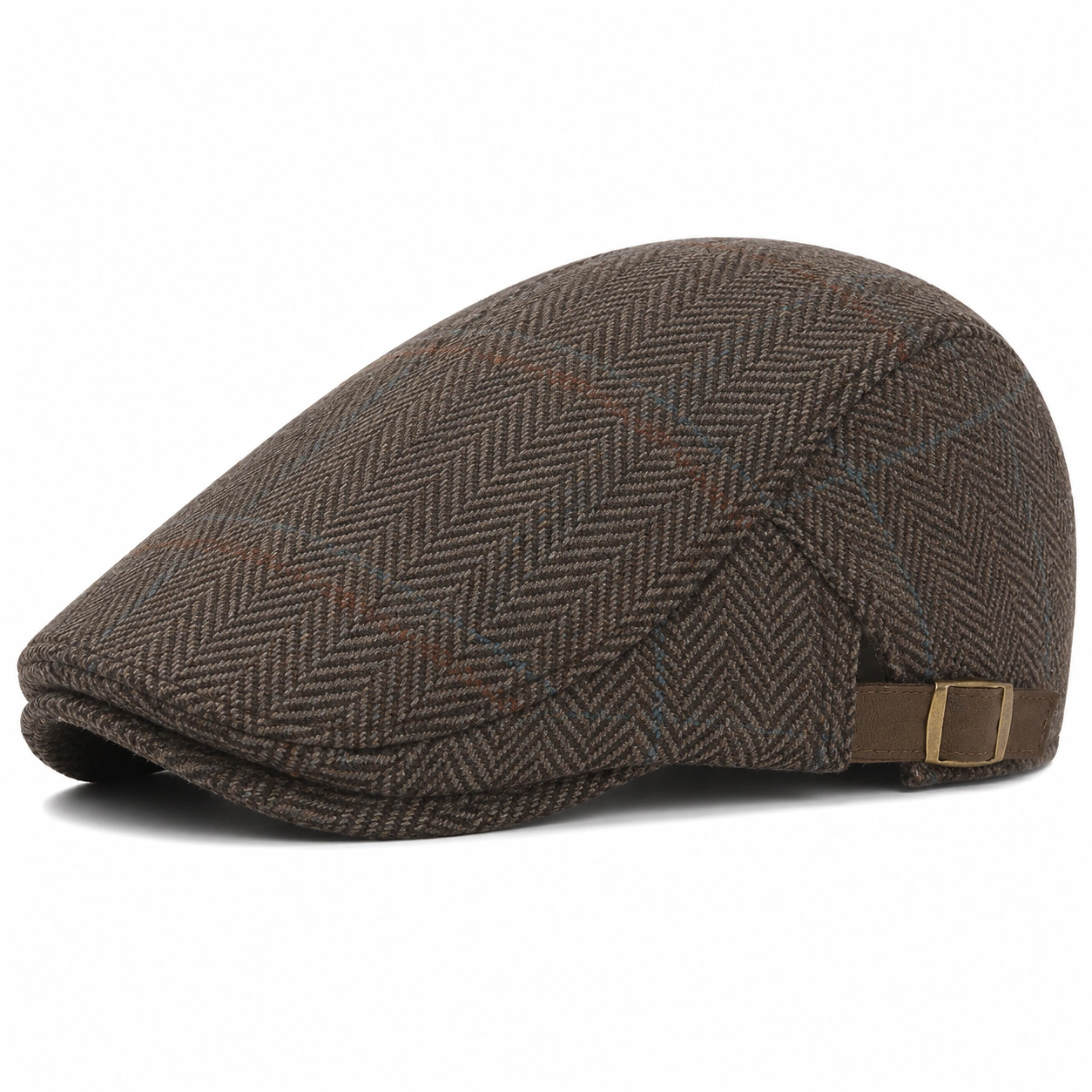 Casquette Plate en Tweed à Chevrons Avec Sangle Réglable Marron-zanverico