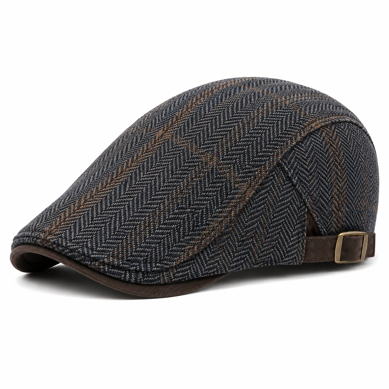 Casquette Plate Réglable en Tweed à Chevrons Bleu et Marron-zanverico