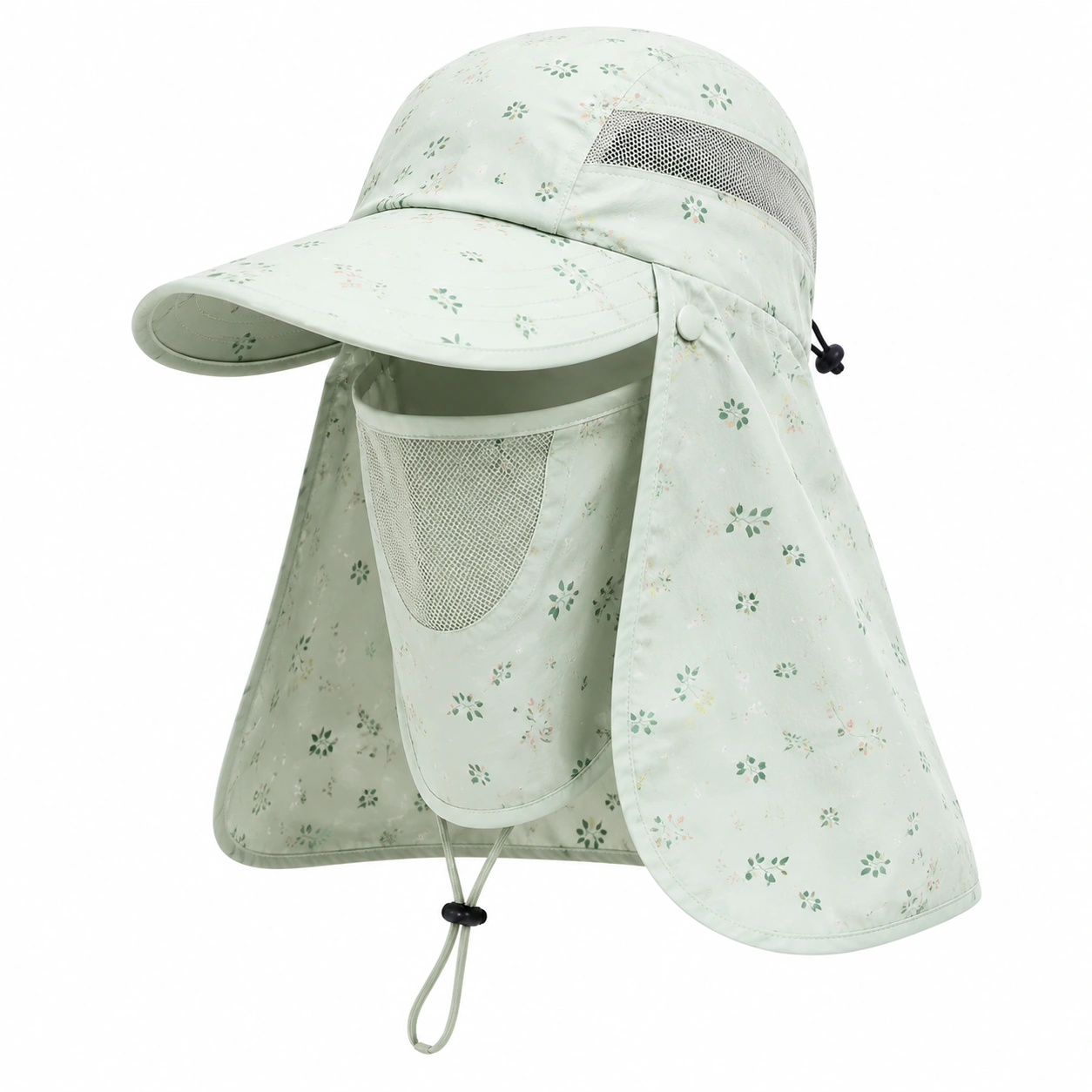 Chapeau de Soleil avec Voile Amovible Vert Pâle Floraux-cozyverix