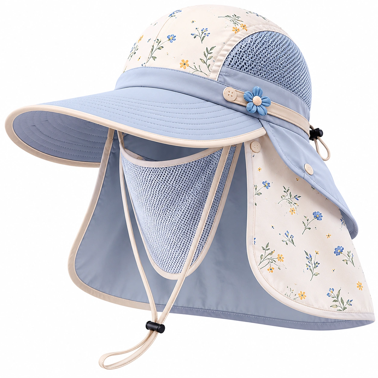 Chapeau de Soleil Anti-UV Bleu avec Motifs Floraux-cozyverix