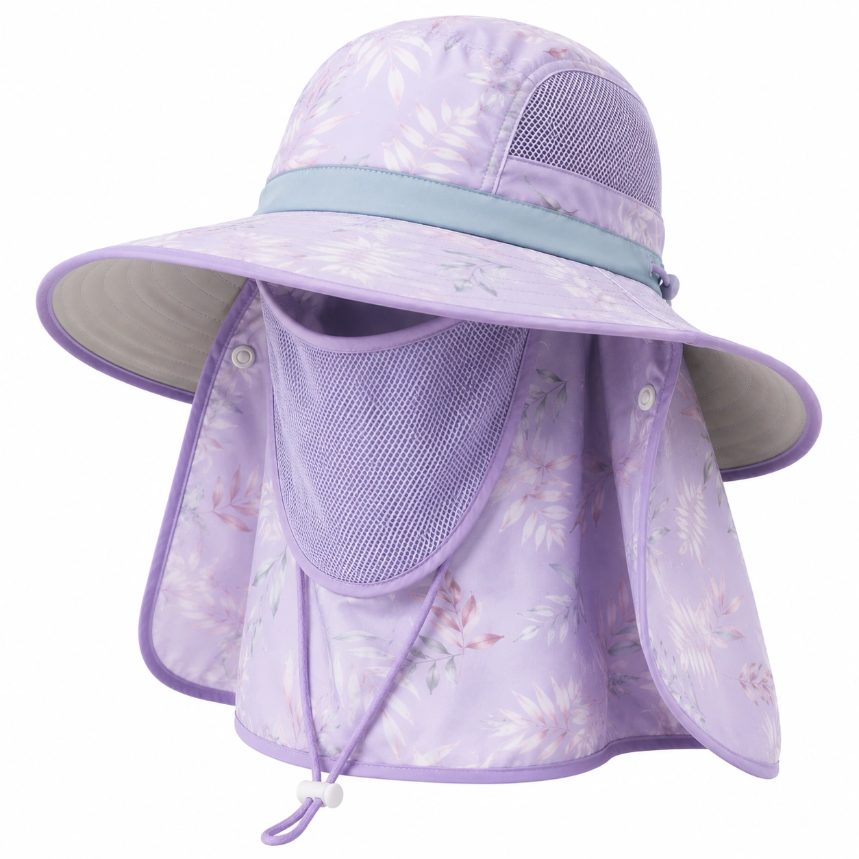 Chapeau de Soleil Lavande à Motifs Floraux avec Voile Amovible-cozyverix