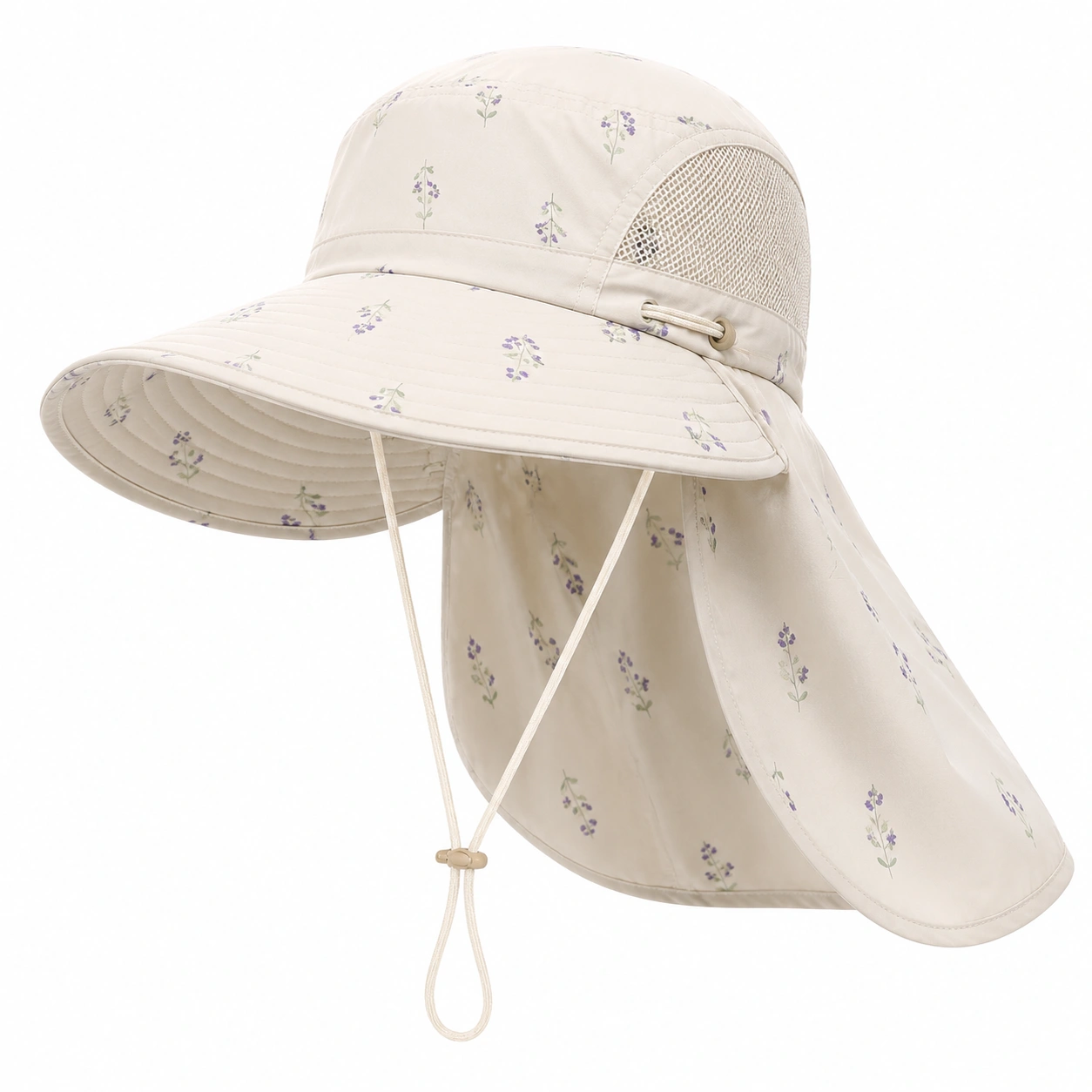 Chapeau de Soleil Beige avec Voile Arrière et Imprimé Floral-cozyverix