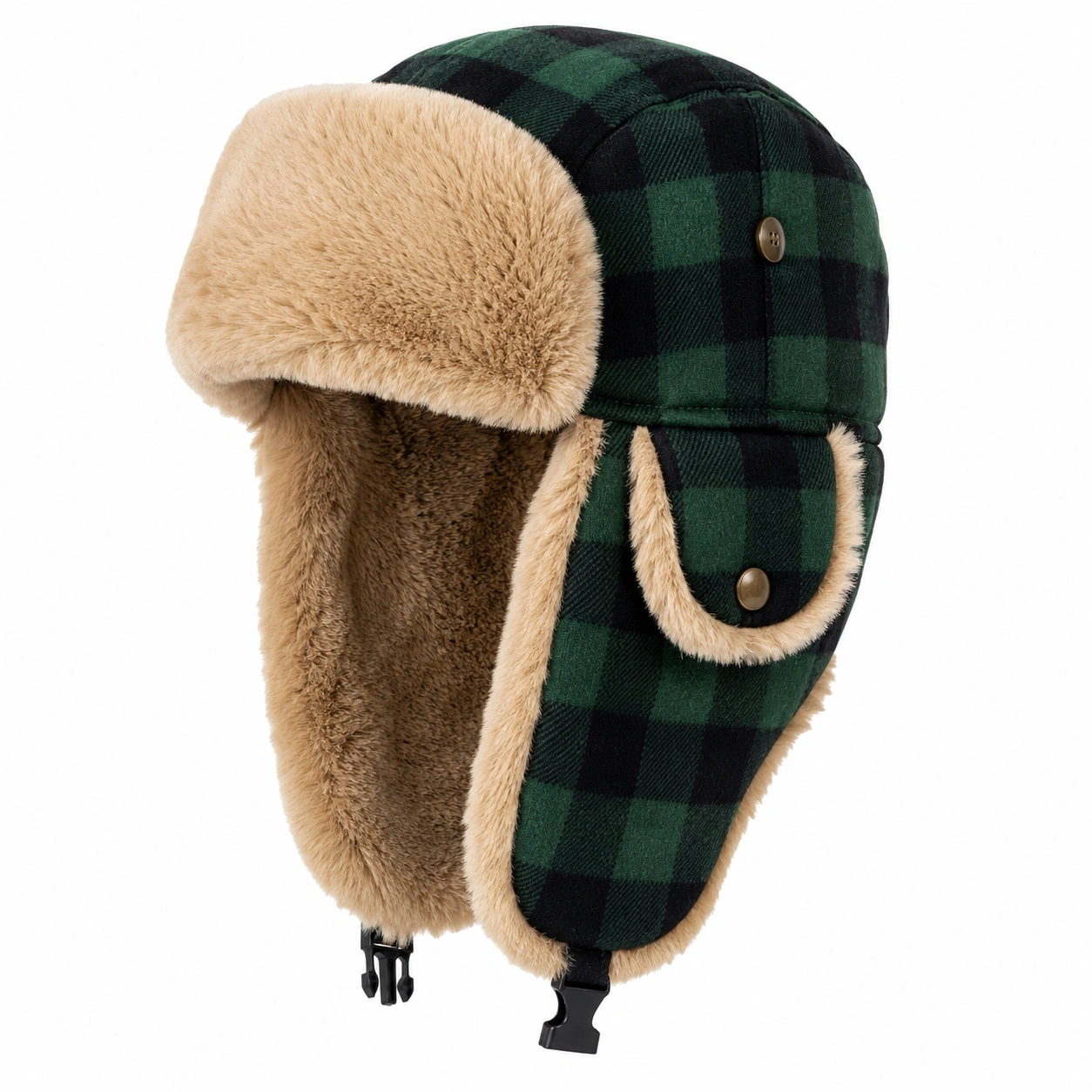 Chapeau Trappeur d'Hiver à Carreaux Vert et Noir-cozyverix