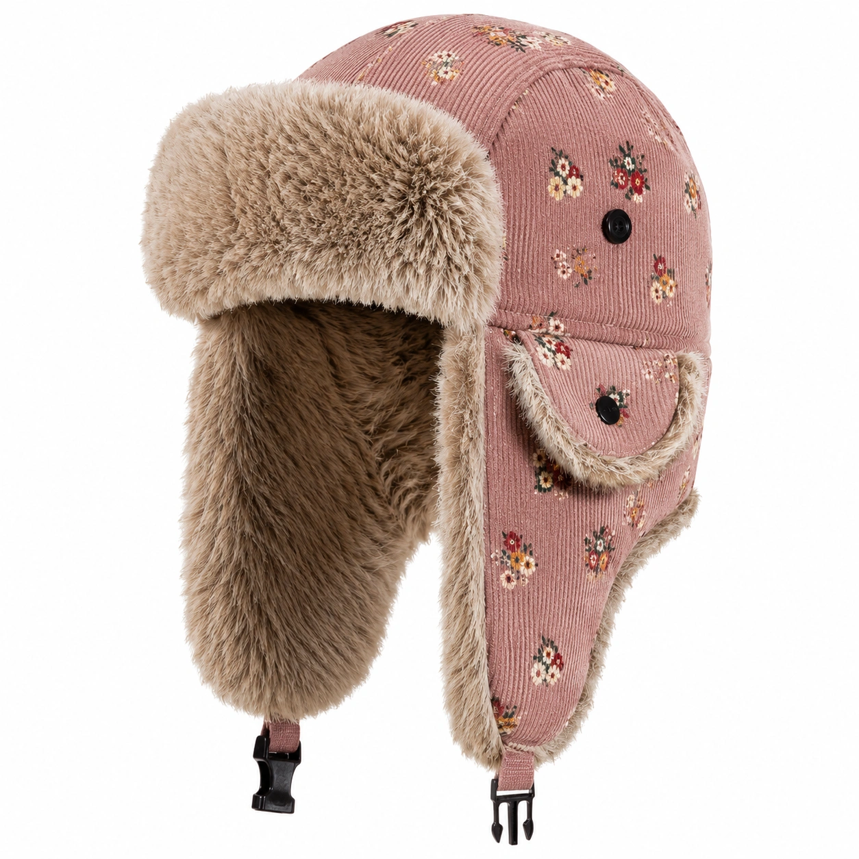 Chapeau Ushanka Floral Vintage en Velours Côtelé-cozyverix