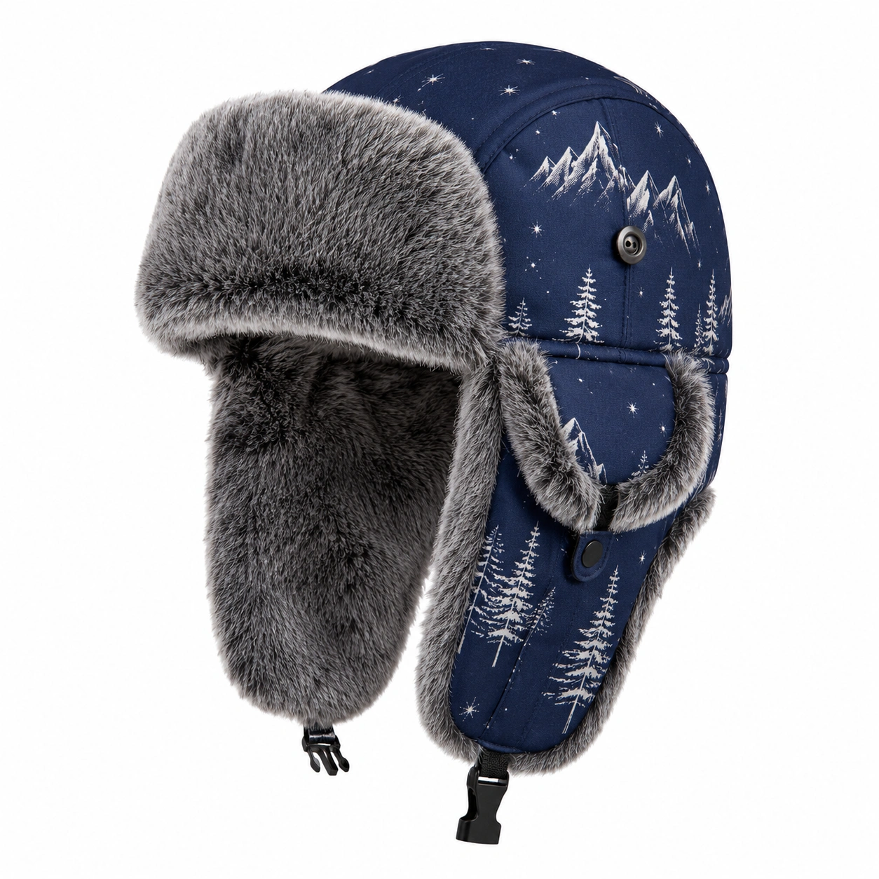 Chapeau d'Hiver Motifs Montagne et Arbres en Fausse Fourrure Bleu-cozyverix