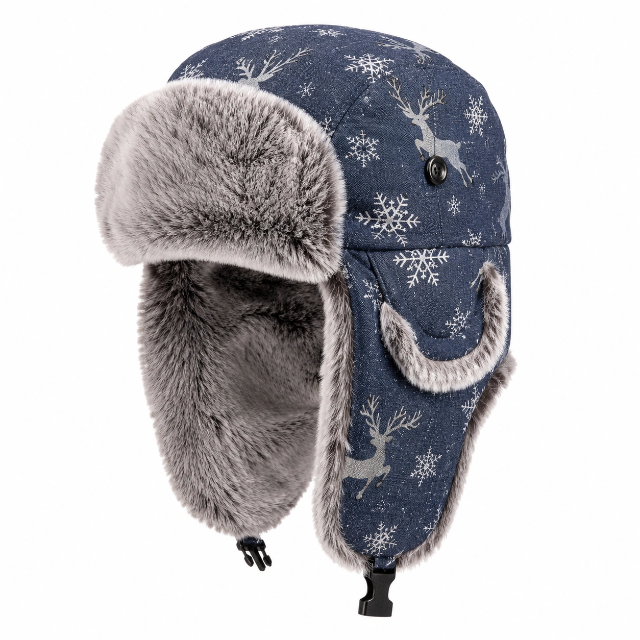 Chapka d'hiver avec motif flocons et cerfs bleu marine et gris-cozyverix