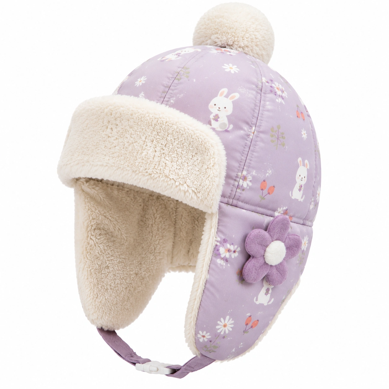 Chapeau d'hiver enfant violet avec motif lapin et fleur-cozyverix