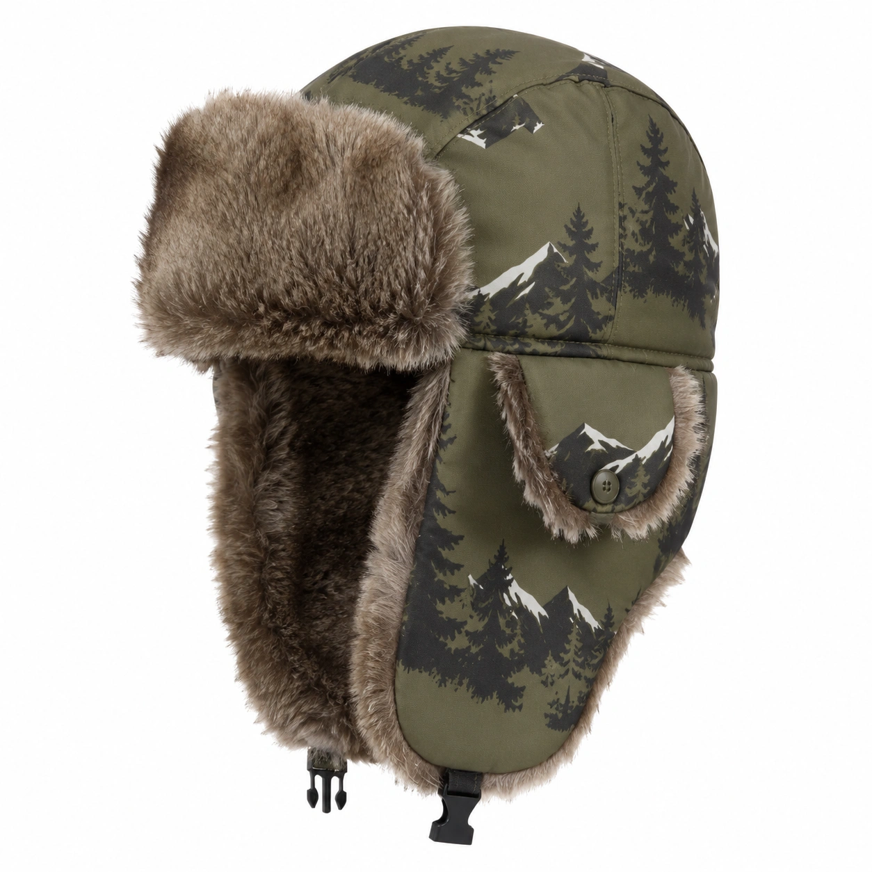 Chapeau Aviateur Hiver Imprimé Paysage Vert avec Doublure Chaude-cozyverix