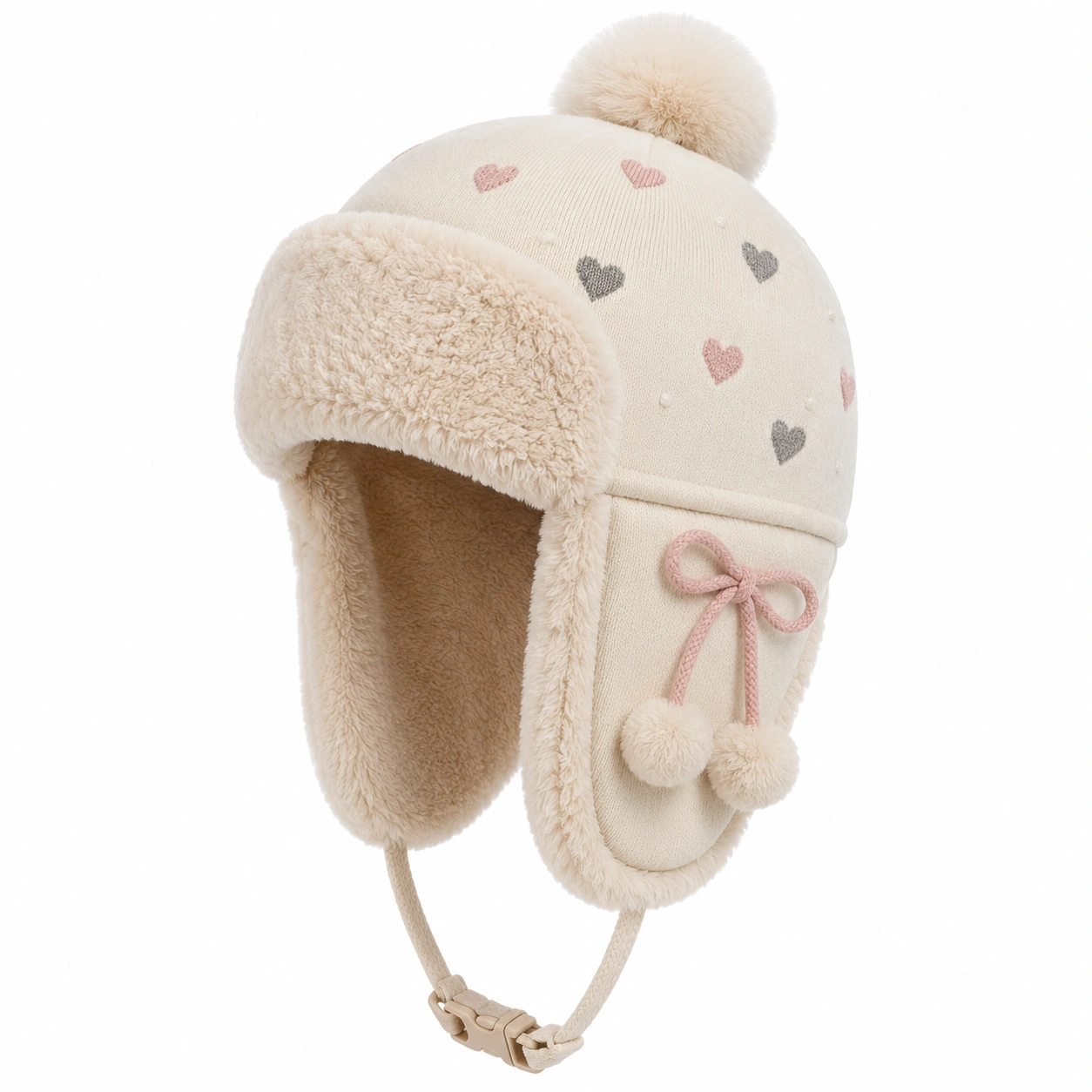 Chapeau d'hiver pour enfant avec oreilles et motifs de cœurs beige-cozyverix