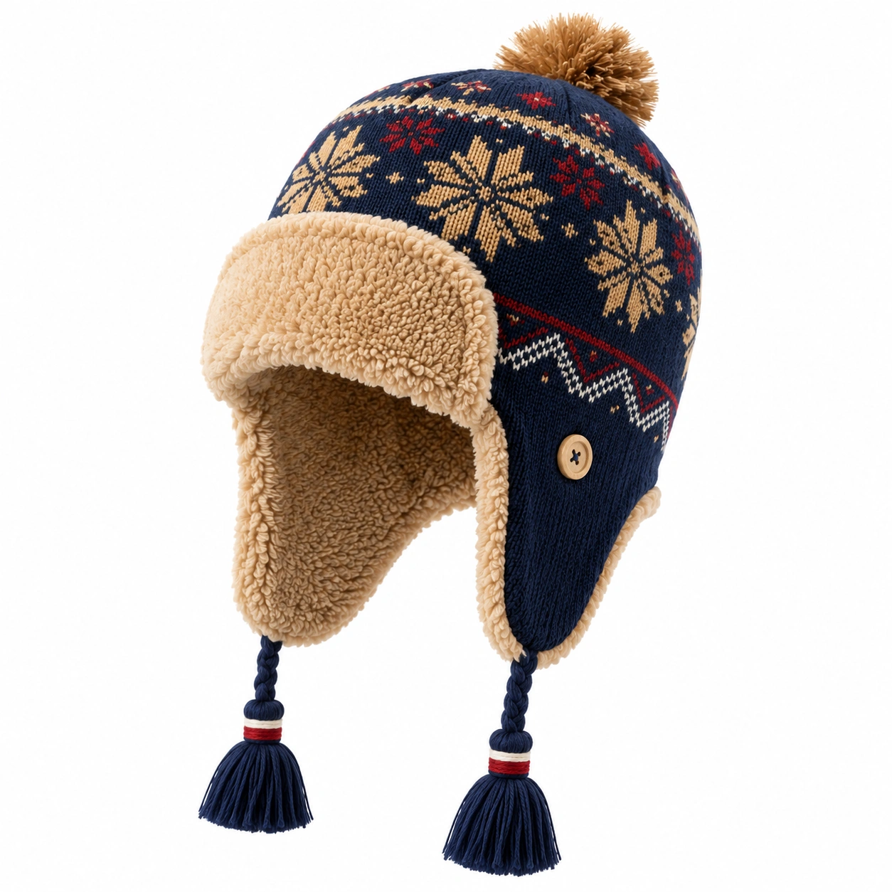 Chapeau d'Hiver Bleu avec Couvre-oreilles et Motifs Nordiques-cozyverix