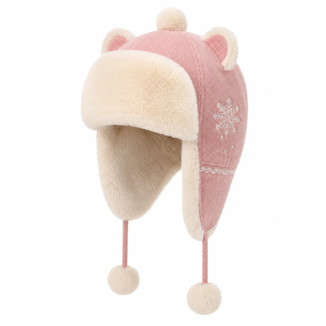 Bonnet d'hiver pour enfant avec pompons et oreilles - Rose/Écru-cozyverix