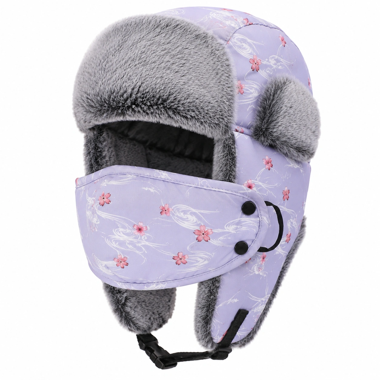 Chapka Hiver avec Masque Amovible Fleurs Lavande et Rose-cozyverix
