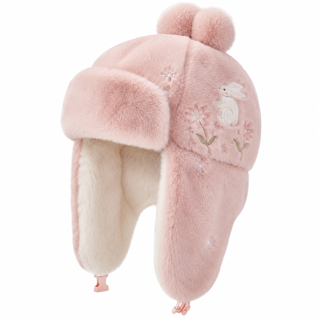Chapka Enfant Brodée Lapin et Fleurs Rose-cozyverix