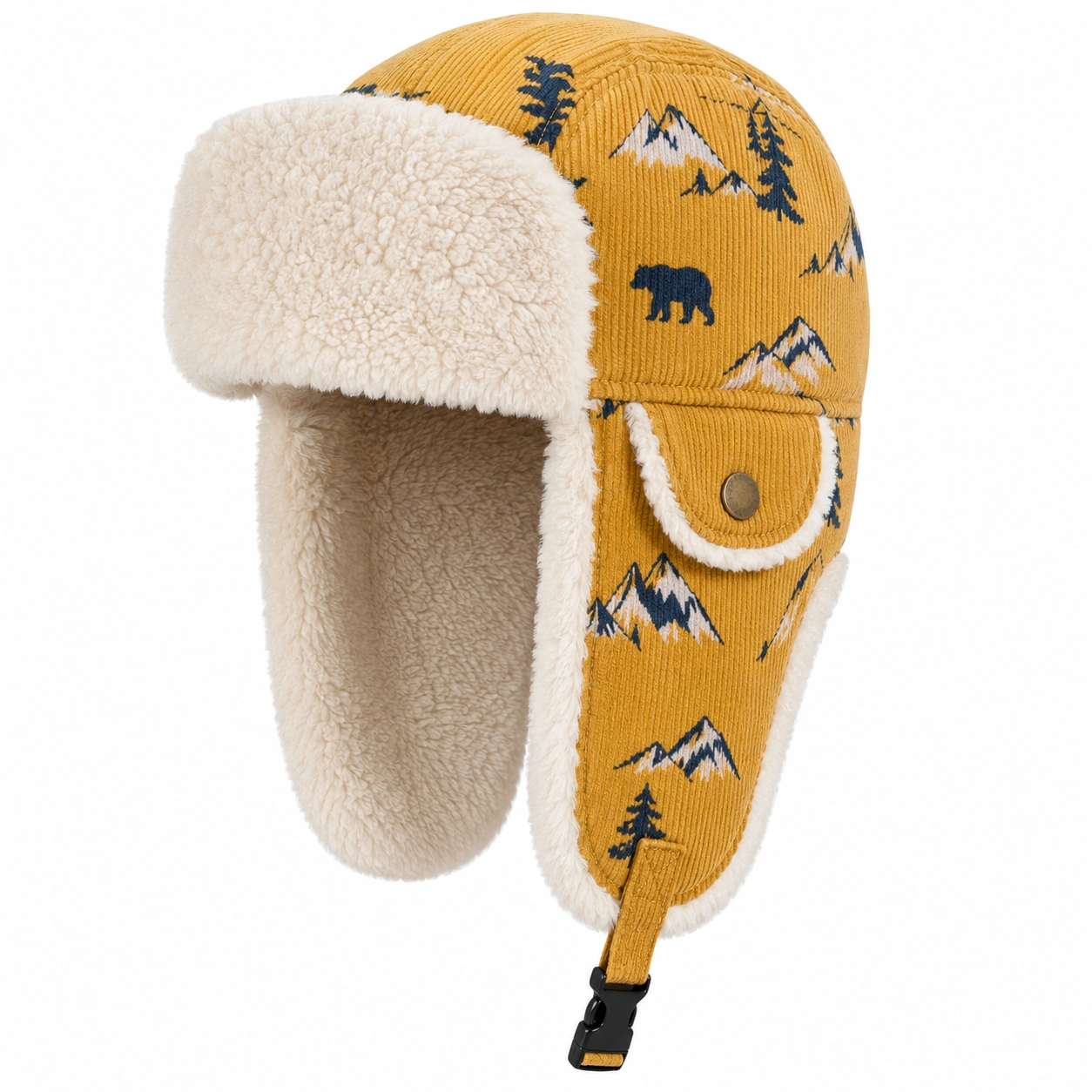 Chapeau Trappeur Enfant Doublé Polaire Motif Montagne Jaune-cozyverix