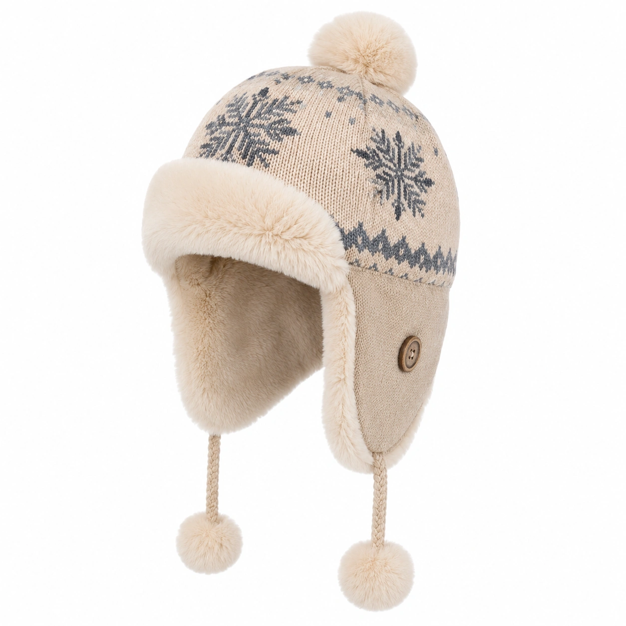 Chapeau d'hiver beige tricoté à motif flocon avec pompons-cozyverix