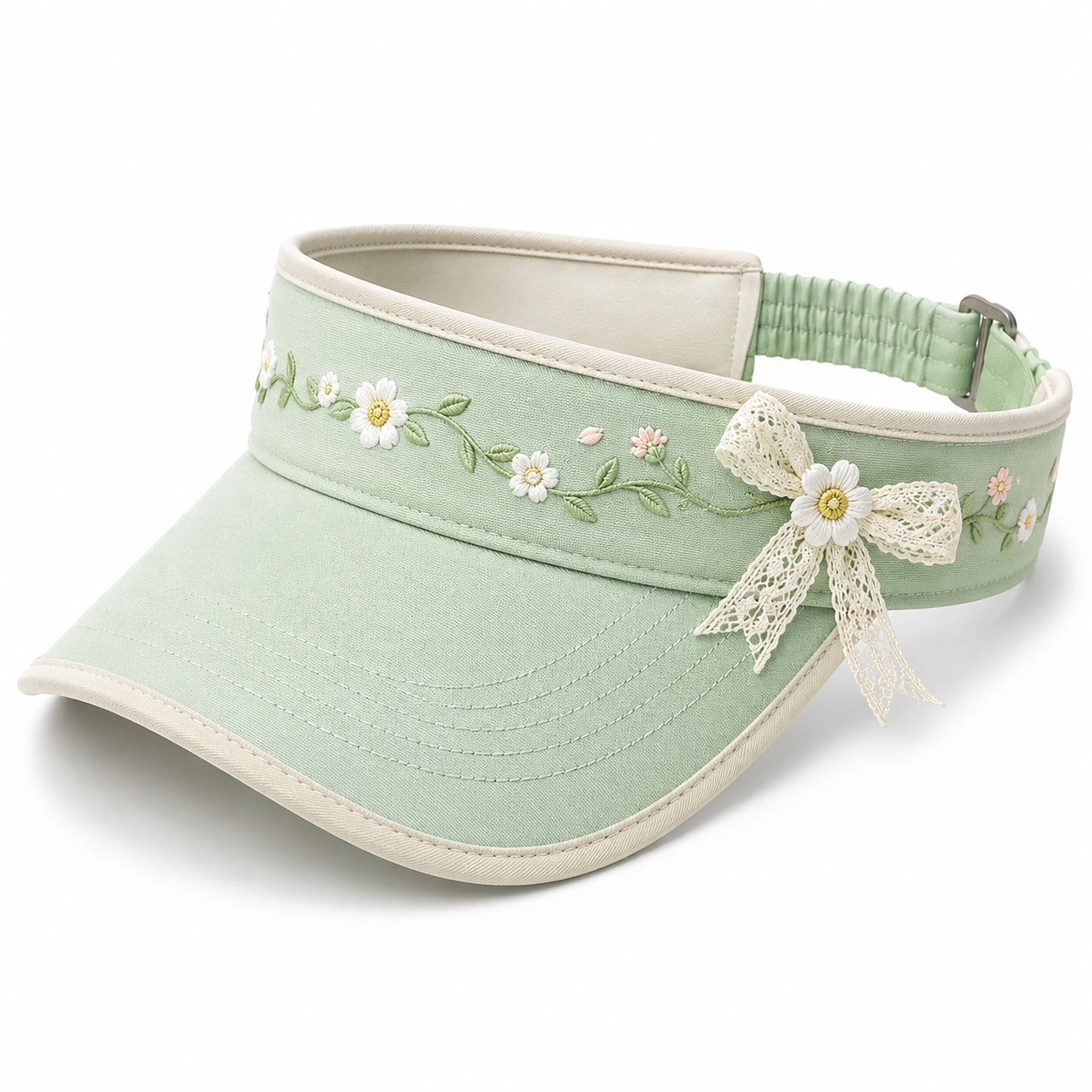 Visière de soleil brodée fleurs avec nœud dentelle réglable vert pâle-cozyverix