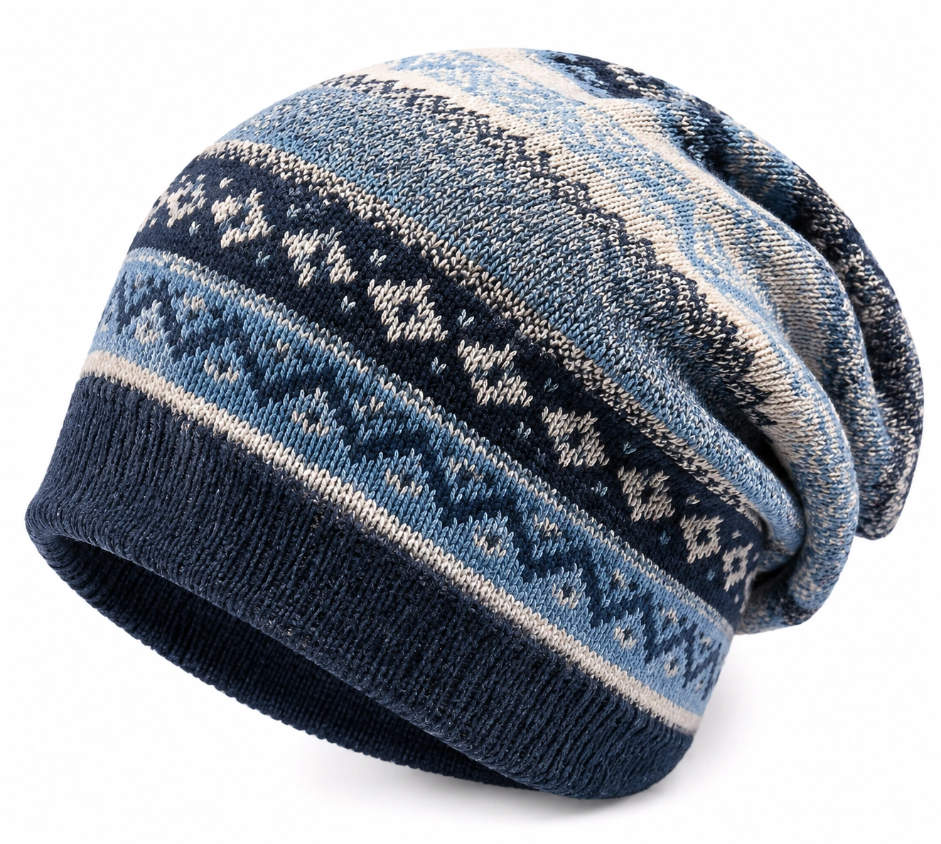 Bonnet tricoté géométrique en bleu et beige-cozyverix