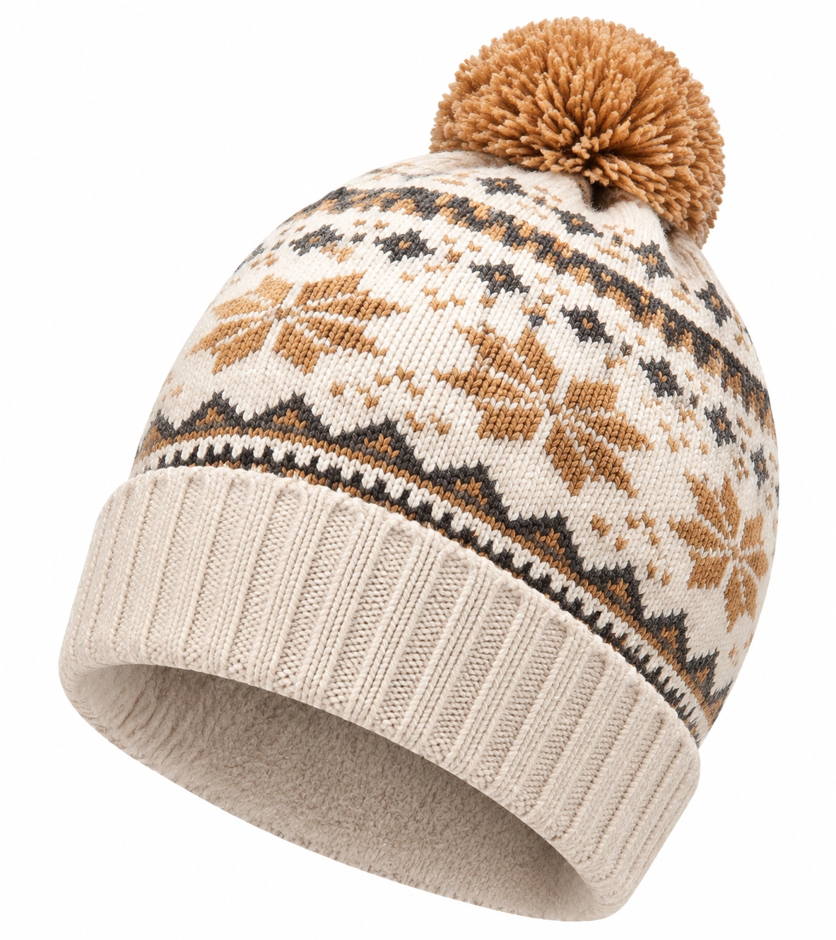 Bonnet à pompon motifs nordiques beige et marron-cozyverix
