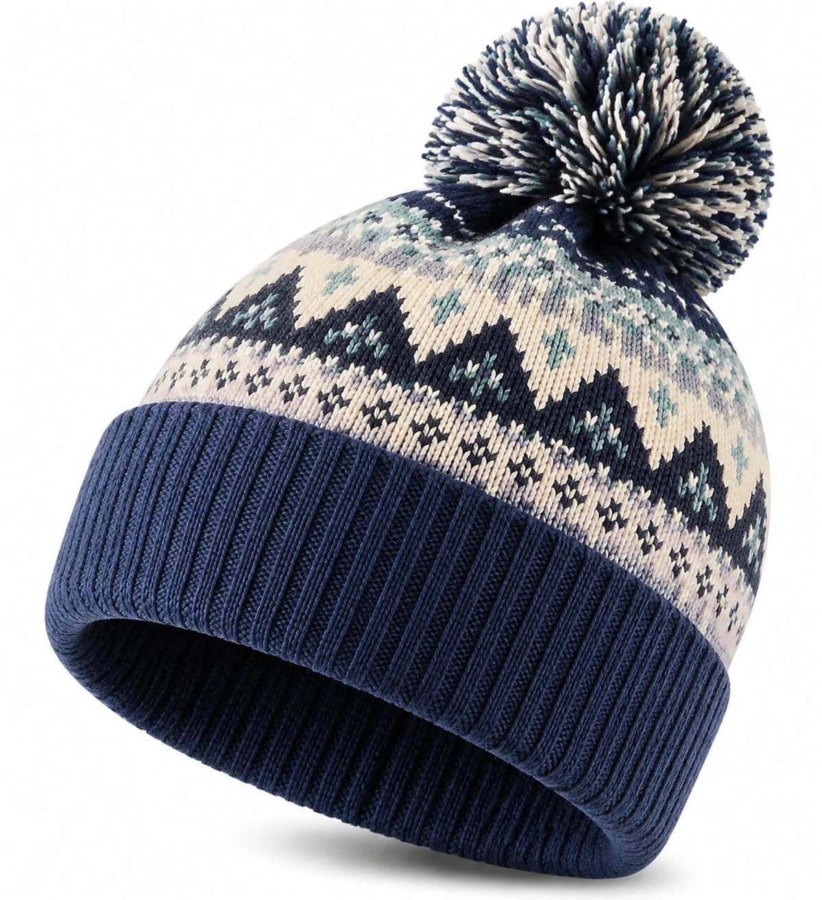Bonnet à pompon bleu motif hivernal-cozyverix