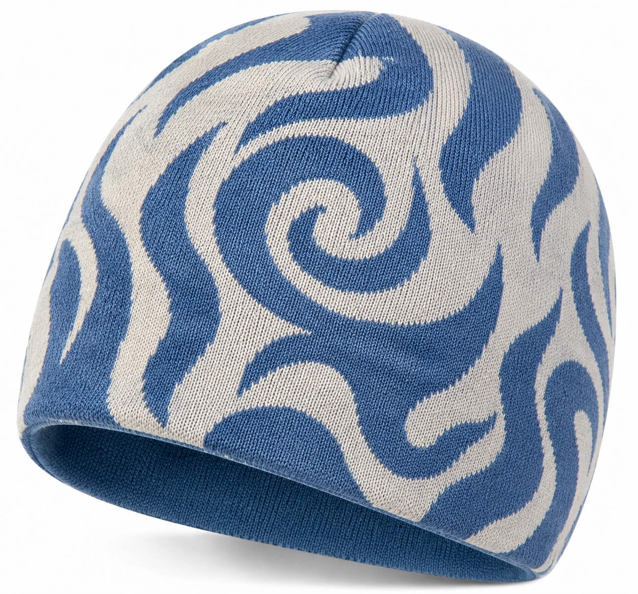 Bonnet réversible avec motifs ondulés bleus et écrus-cozyverix