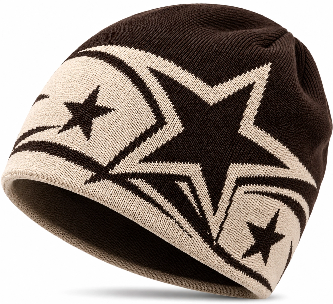 Bonnet Réversible Motif Étoiles Marron/Beige-cozyverix