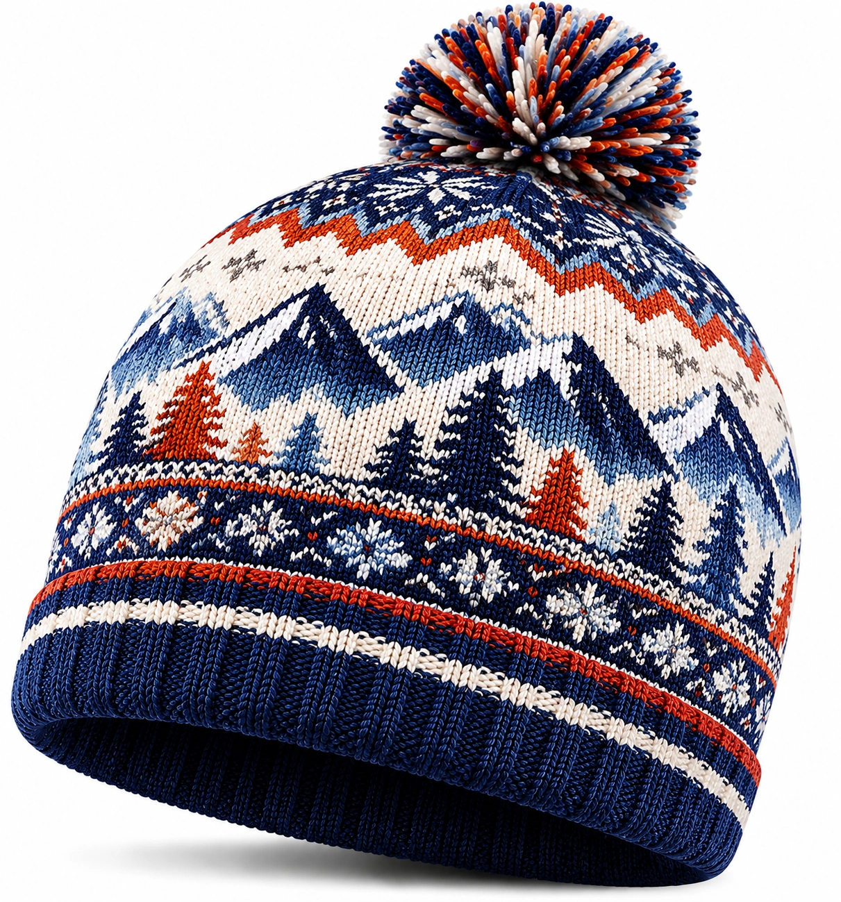 Bonnet d'hiver bleu motifs montagne avec pompon multicolore-cozyverix