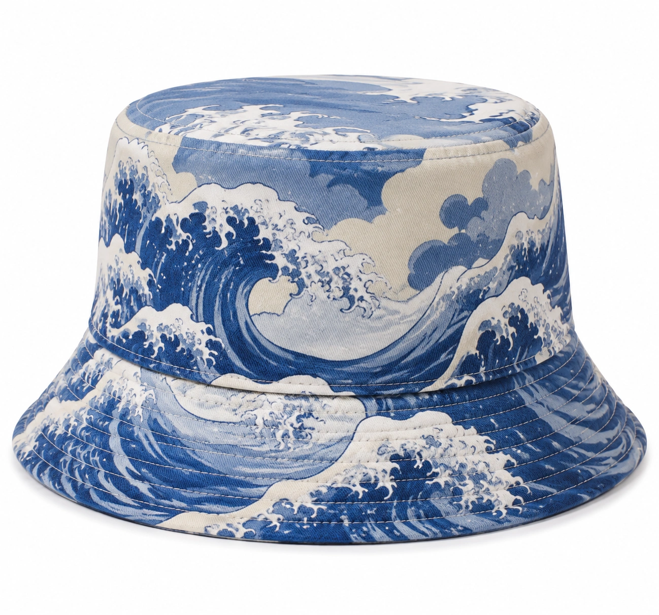 Chapeau Bob à Imprimé Vague Bleu et Blanc-cozyverix