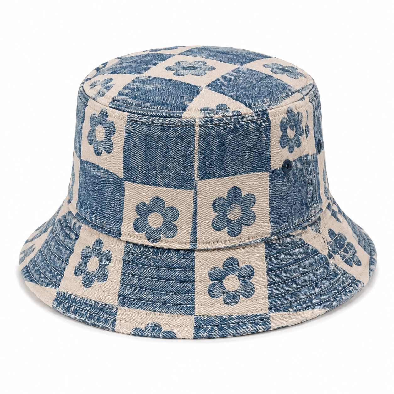 Chapeau Bob avec Motif Fleurs Bleu et Beige-cozyverix