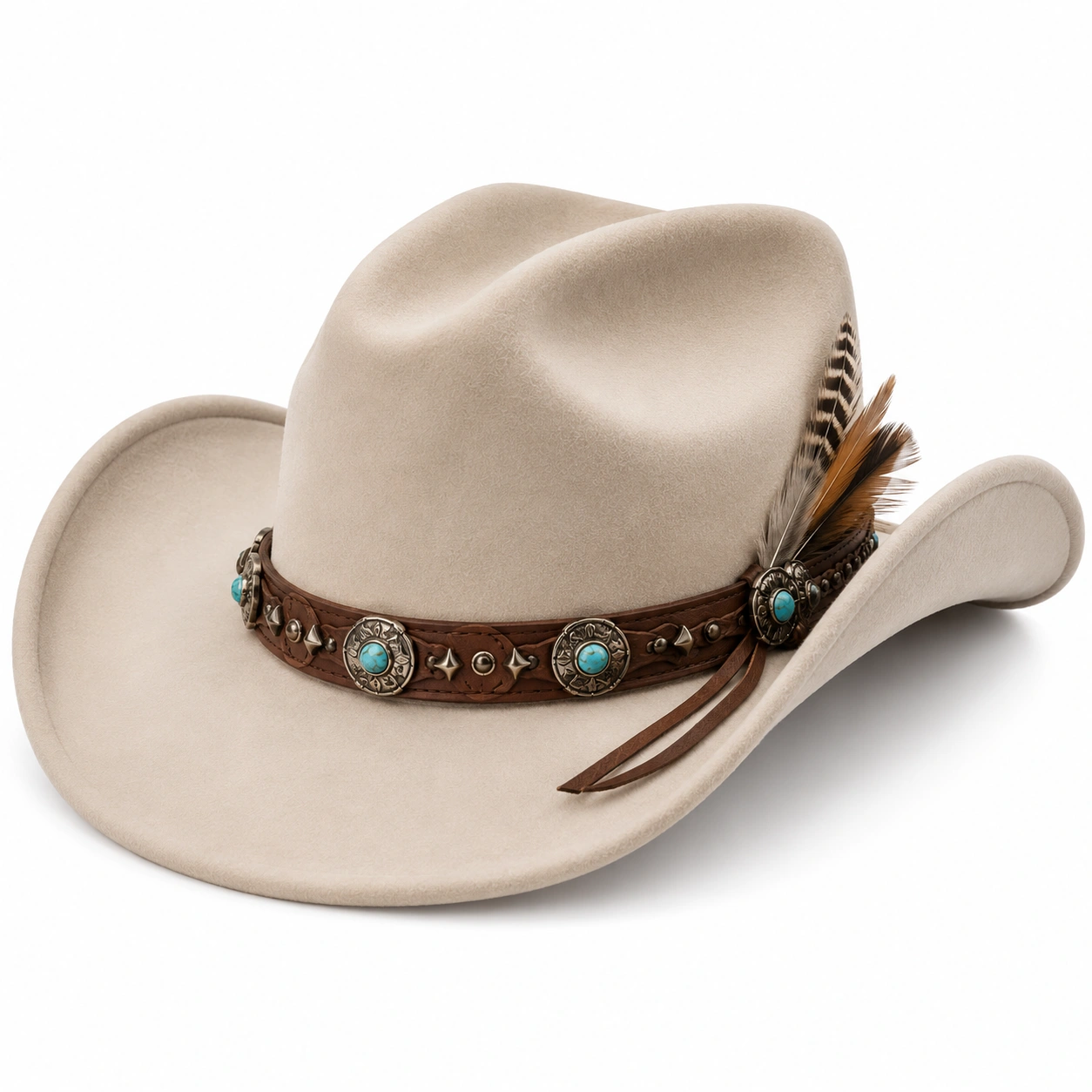 Chapeau Cowboy Beige avec Plumes et Turquoise-cozyverix