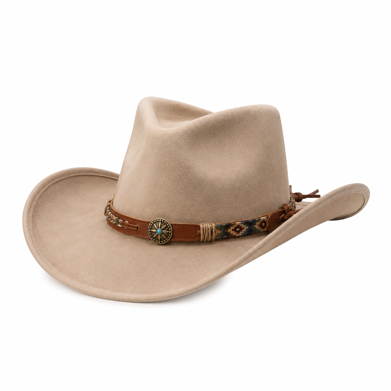 Chapeau Cowboy Beige avec Bande Décorative Ethnique-cozyverix