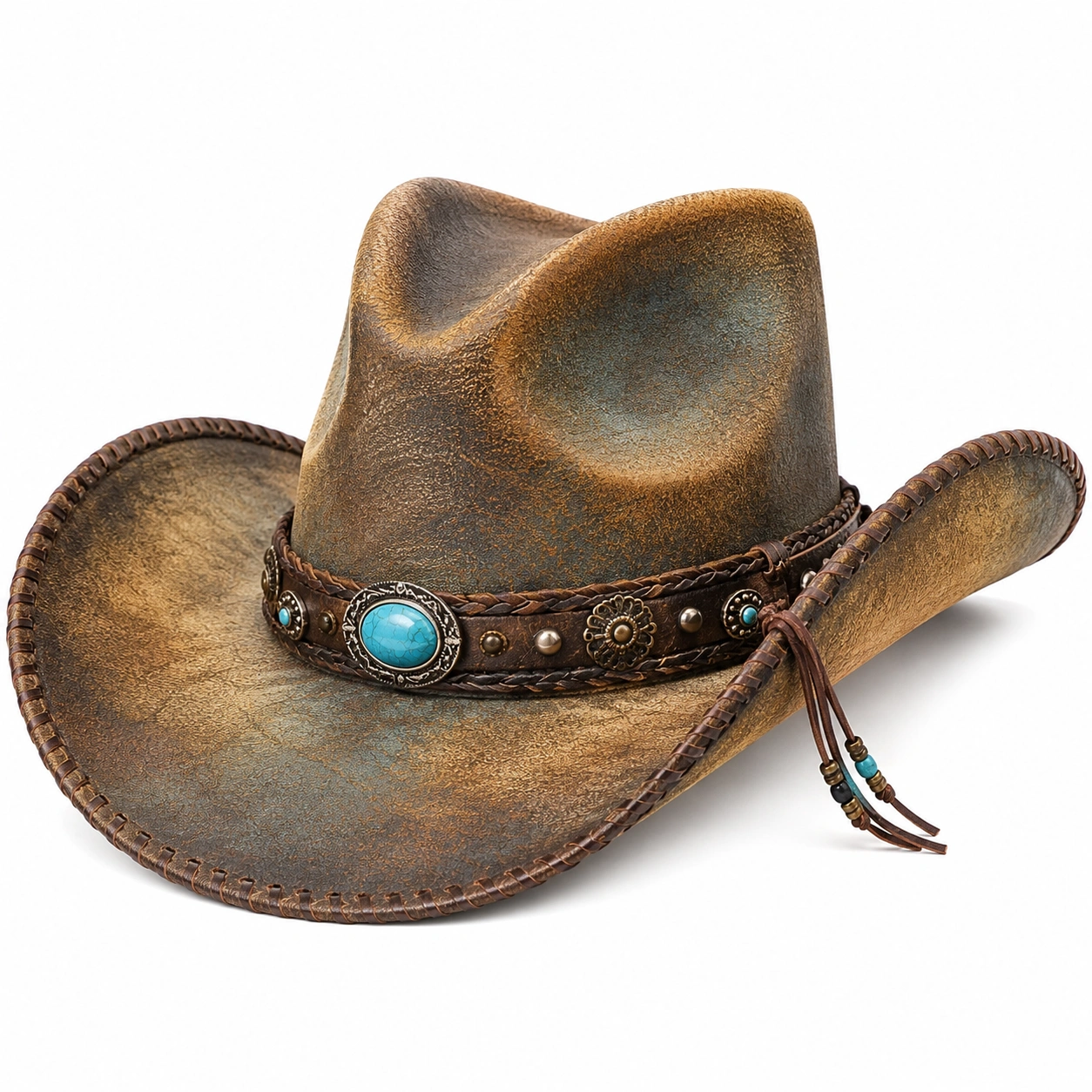 Chapeau Cowboy Vintage avec Perles Turquoise-cozyverix