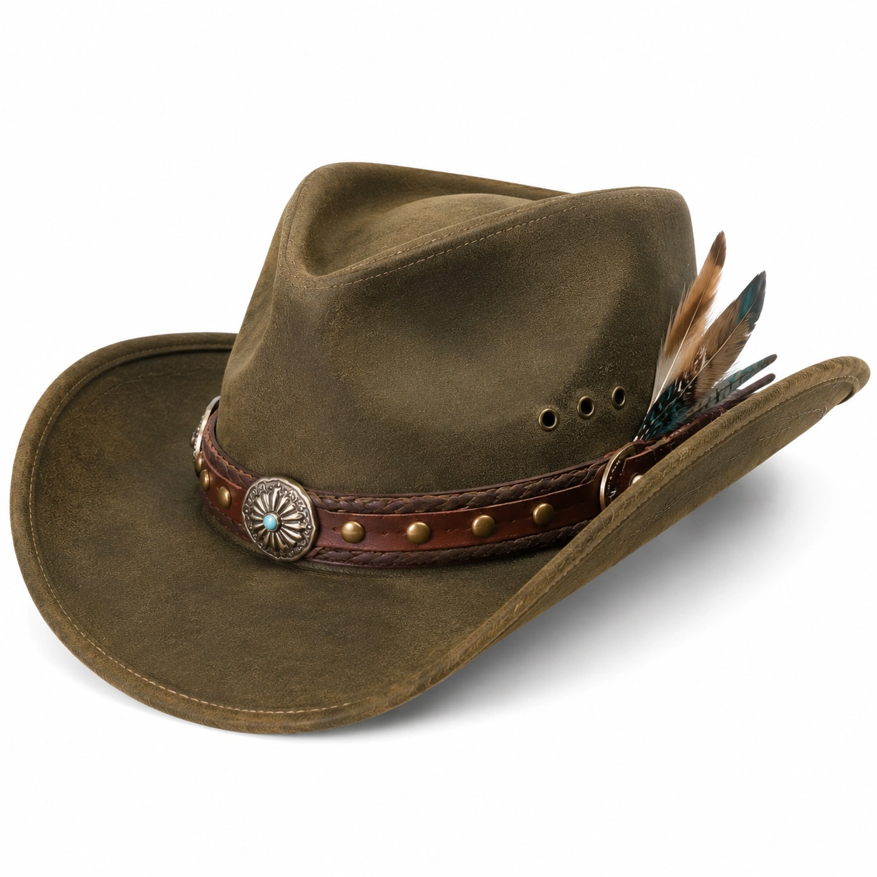 Chapeau Cowboy Marron avec Plumes et Rivets-cozyverix