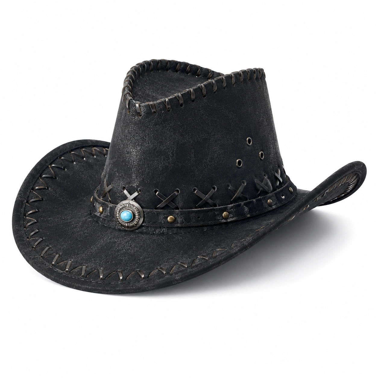 Chapeau Cowboy Noir avec Ornements Métalliques-cozyverix