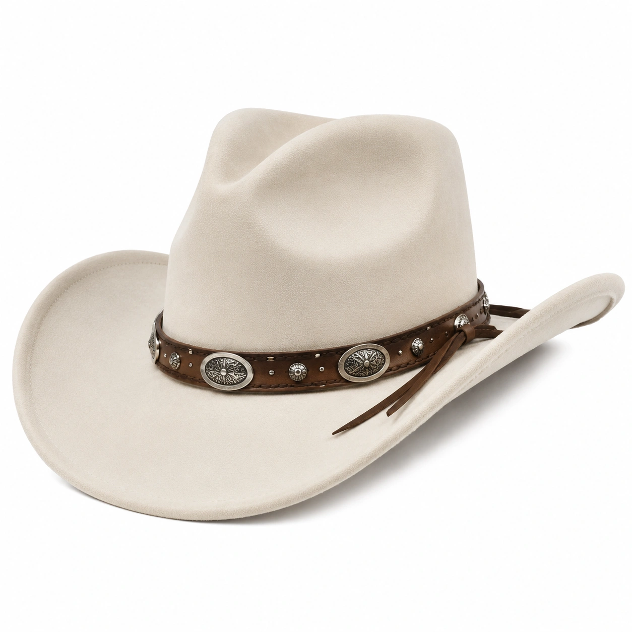 Chapeau de cow-boy beige avec bande en cuir décorative-cozyverix