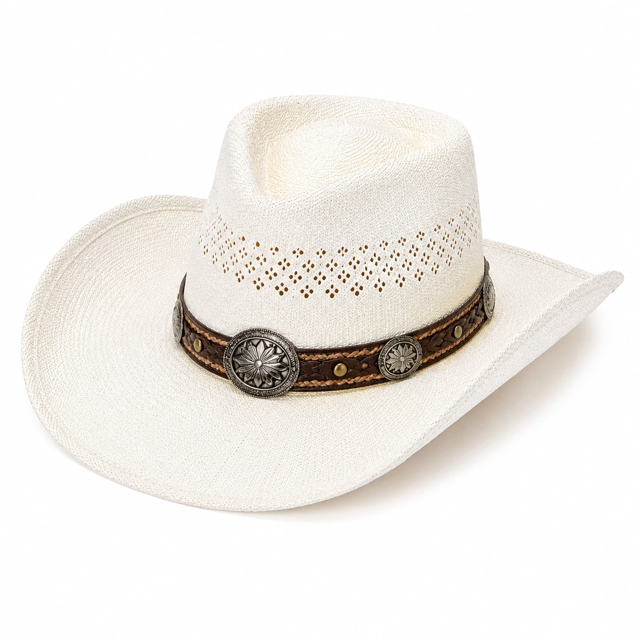 Chapeau Cowboy Blanc avec Décorations Métalliques-cozyverix