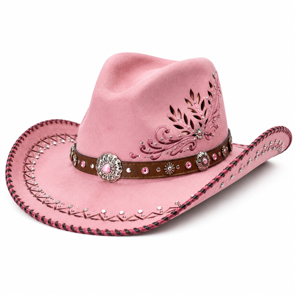 Chapeau cowboy rose avec détails perforés et strass-cozyverix