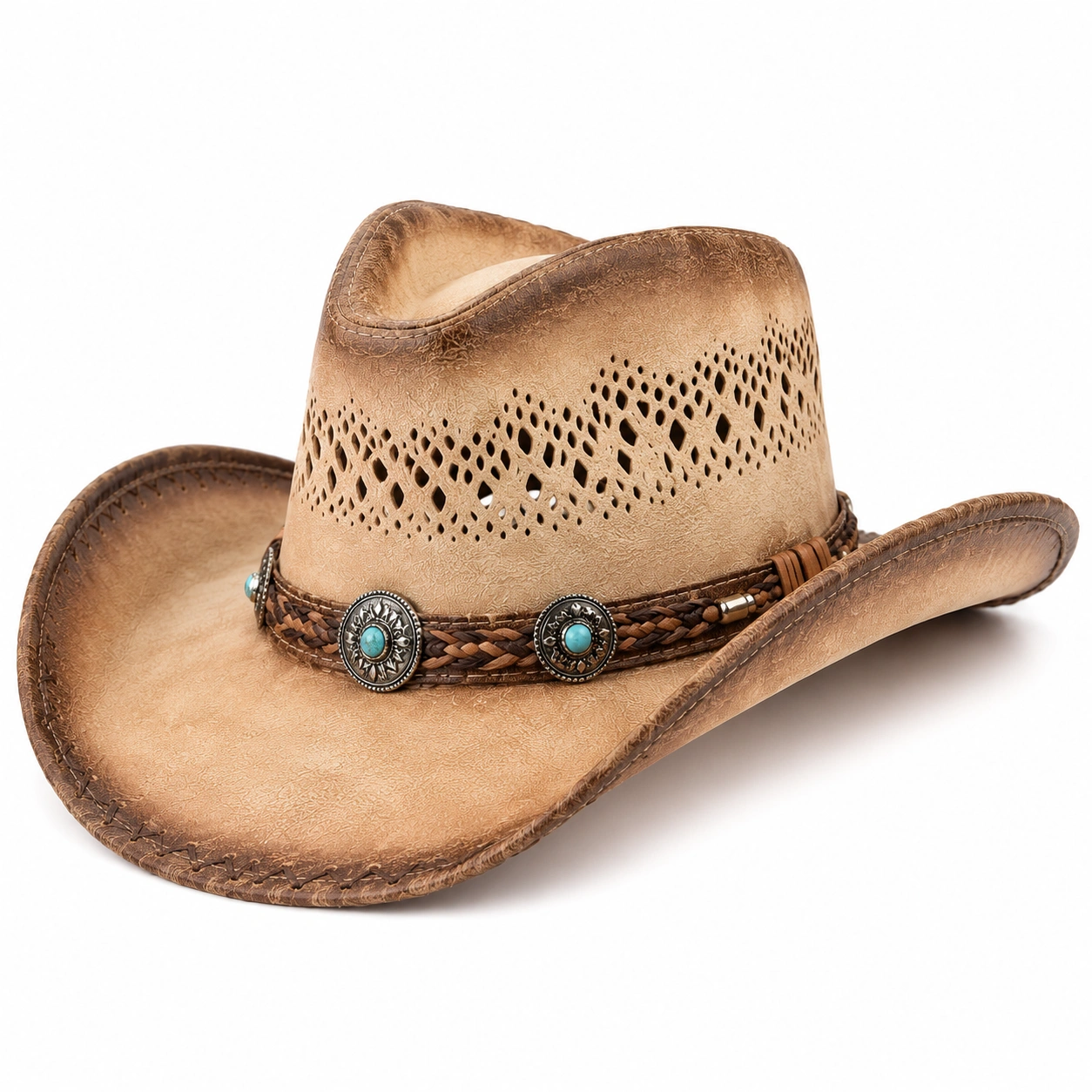 Chapeau Cowboy Marron avec Détails Perforés et Décorations-cozyverix