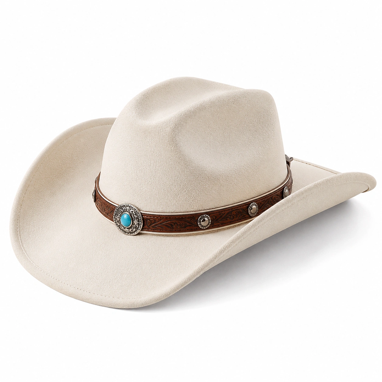 Chapeau Western Style Cowboy Beige avec Bandeau Turquoise-cozyverix