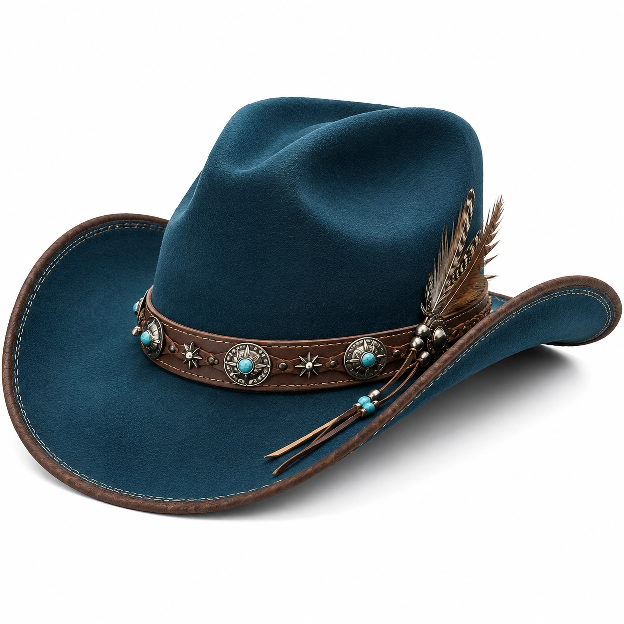 Chapeau Cowboy Bleu avec Ornements Plume et Turquoise-cozyverix